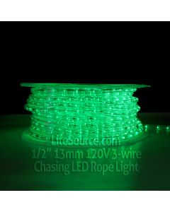 Green Chasing LED Rope Light - 1/2 inch 13mm 120v with 8 Function Controller