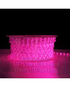 Pink Chasing LED Rope Light - 1/2 inch 13mm 120v with 8 Function Controller