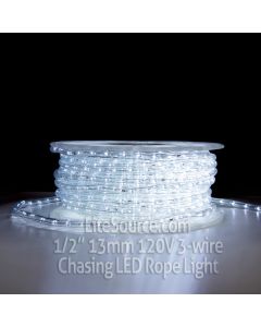 Pure White Chasing LED Rope Light - 1/2 inch 13mm 120v with 8 Function Controller