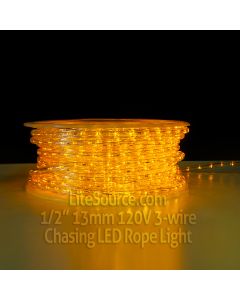Yellow Chasing LED Rope Light - 1/2 inch 13mm 120v with 8 Function Controller