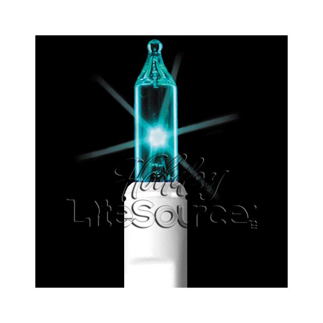 2.5" Spacing, 100 Light Teal Mini Lights on White Wire