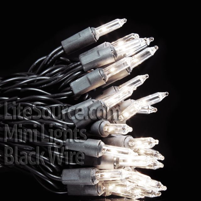 Clear Mini Lights on Black Wire - 50 Lights with 4&quot; Spacing