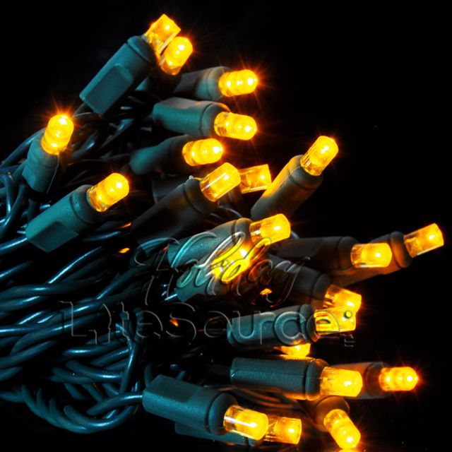 50 Light LED Conical (5MM) Light Set Yellow Bulbs on Green Wire