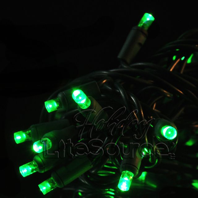 50 Light LED Conical (5MM) Light Set Green Bulbs on Green Wire