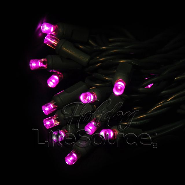 50 Light LED Conical (5MM) Light Set Pink Bulbs on Green Wire