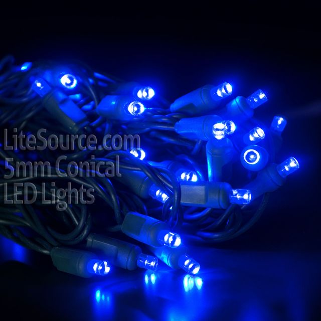 50 Light LED Conical (5MM) Light Set Blue Bulbs on Green Wire - 4&quot; Spacing