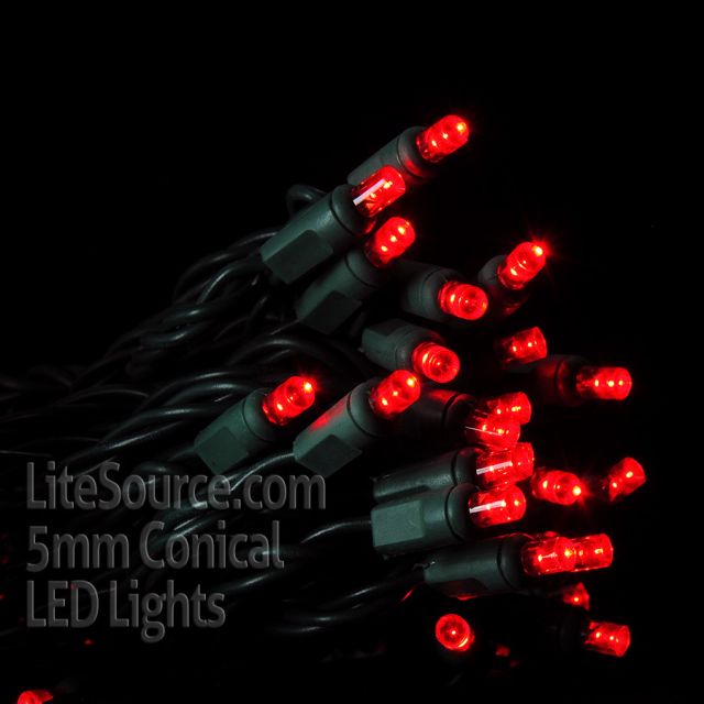 50 Light LED Conical (5MM) Light Set Red Bulbs on Green Wire - 4" Spacing