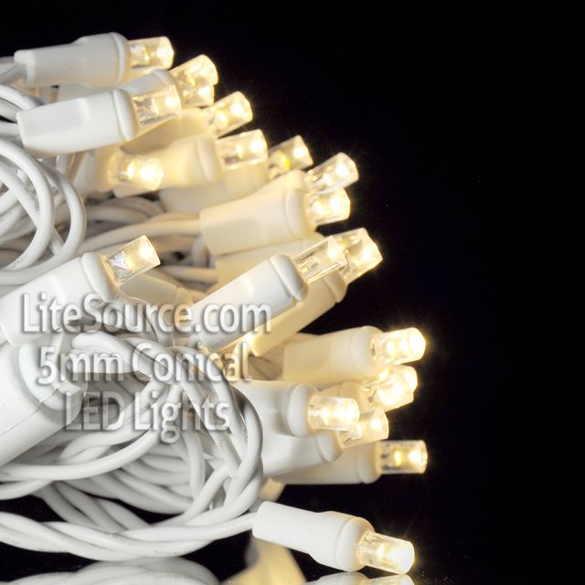 50 Light LED Conical (5MM) Light Set Warm White Bulbs on White Wire - 4" Spacing