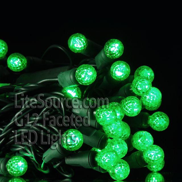 50 Light LED G12 Razzberry Style Light Set Green Bulbs on Green Wire