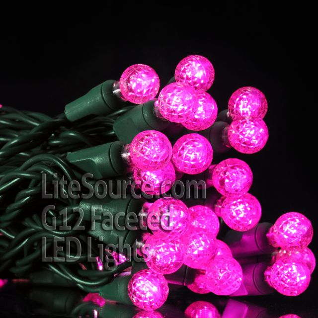 50 Light LED G12 Razzberry Style Light Set Pink Bulbs on Green Wire