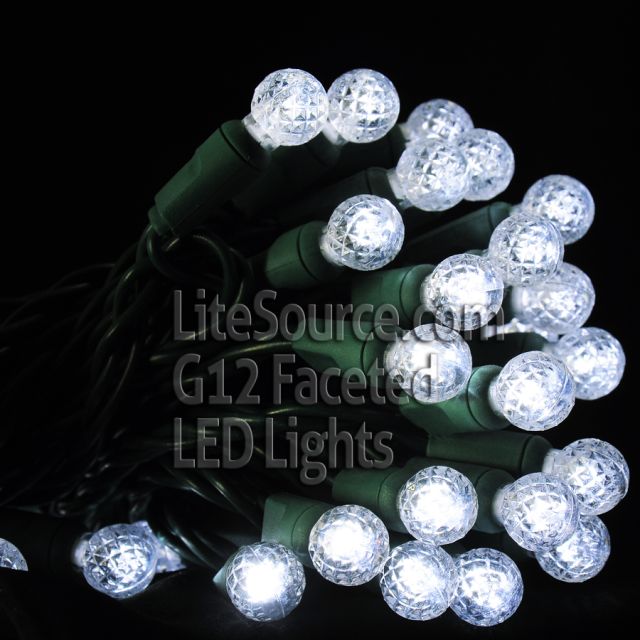 50 Light LED G12 Razzberry Style Light Set Pure White Bulbs on Green Wire