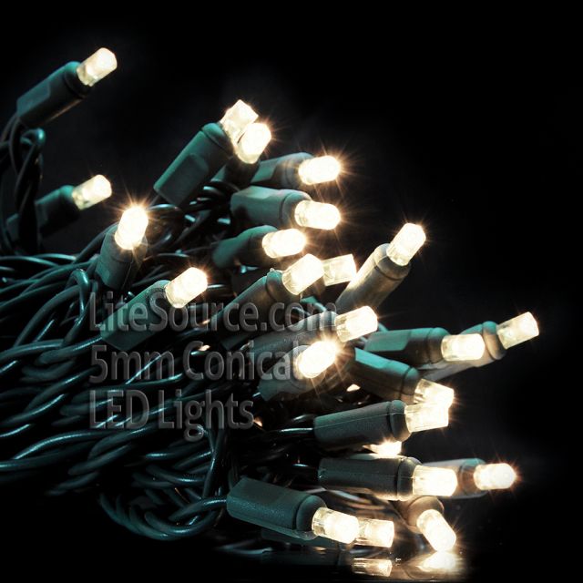 50 Light LED Conical (5MM) Light Set Warm White Bulbs on Green Wire - 4&quot; Spacing