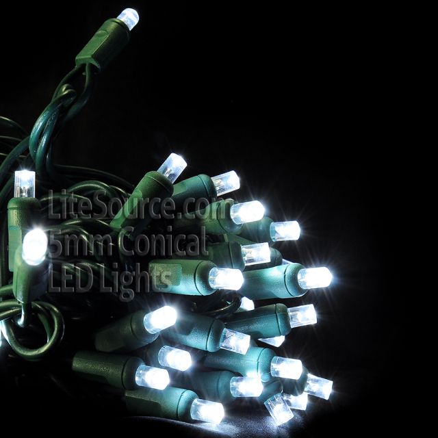 50 Light LED Conical (5MM) Light Set Pure White Bulbs on Green Wire - 4&quot; Spacing