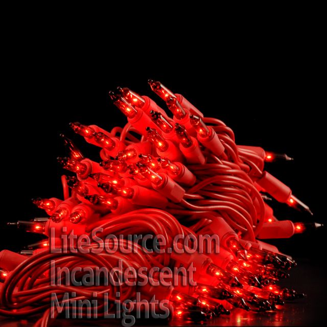 2.5&quot; Spacing, 100 Light Red Mini Lights on Red Wire